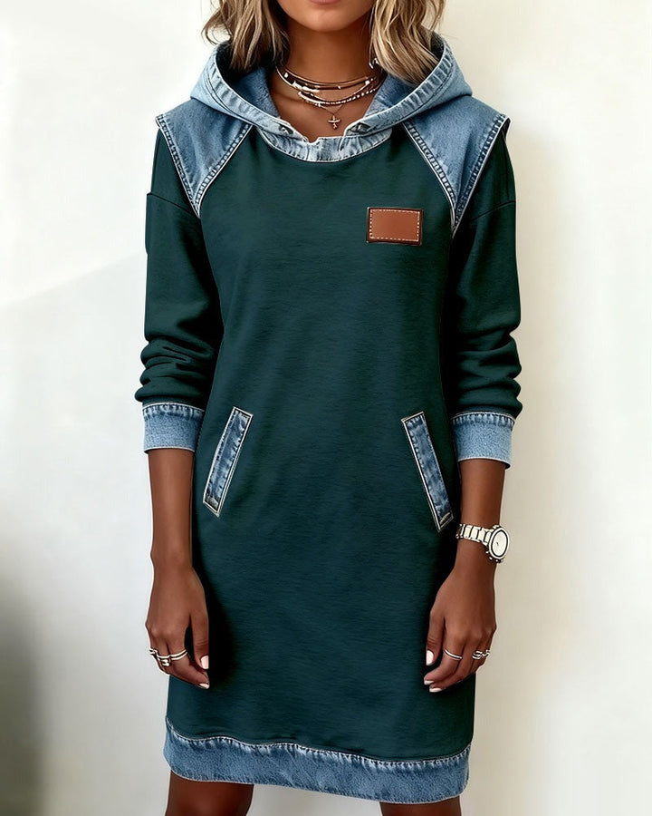 Viktoria - Casual Hooded Denim Insert Dress