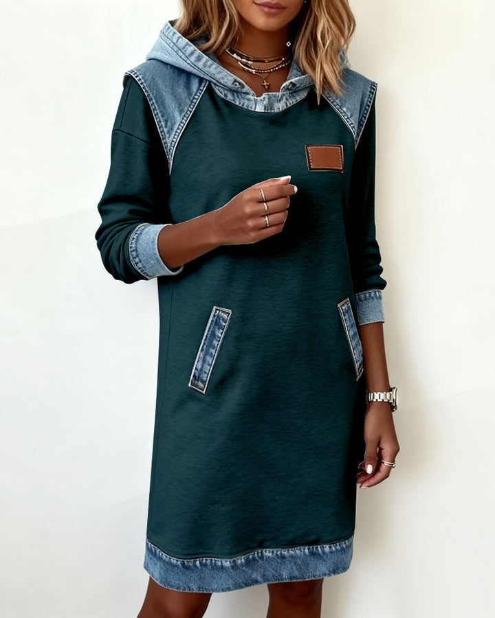 Viktoria - Casual Hooded Denim Insert Dress