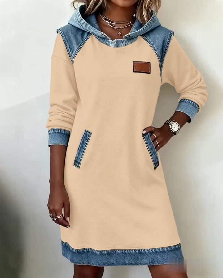 Viktoria - Casual Hooded Denim Insert Dress