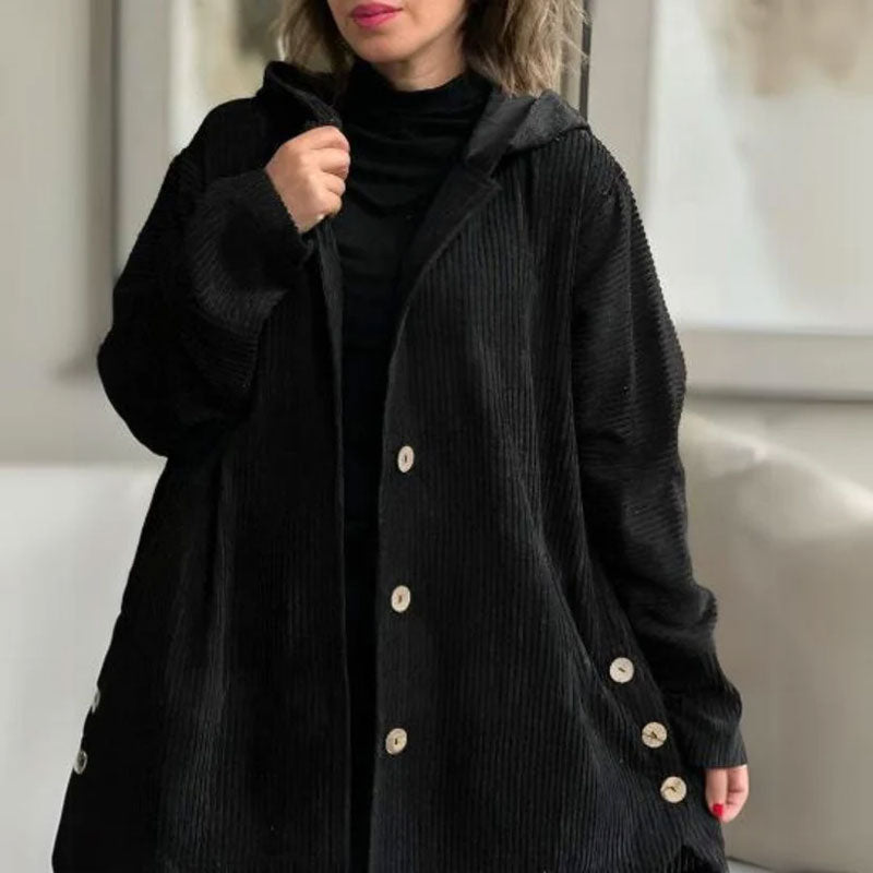 Daleny - Hooded Velvet Button Up Jacket