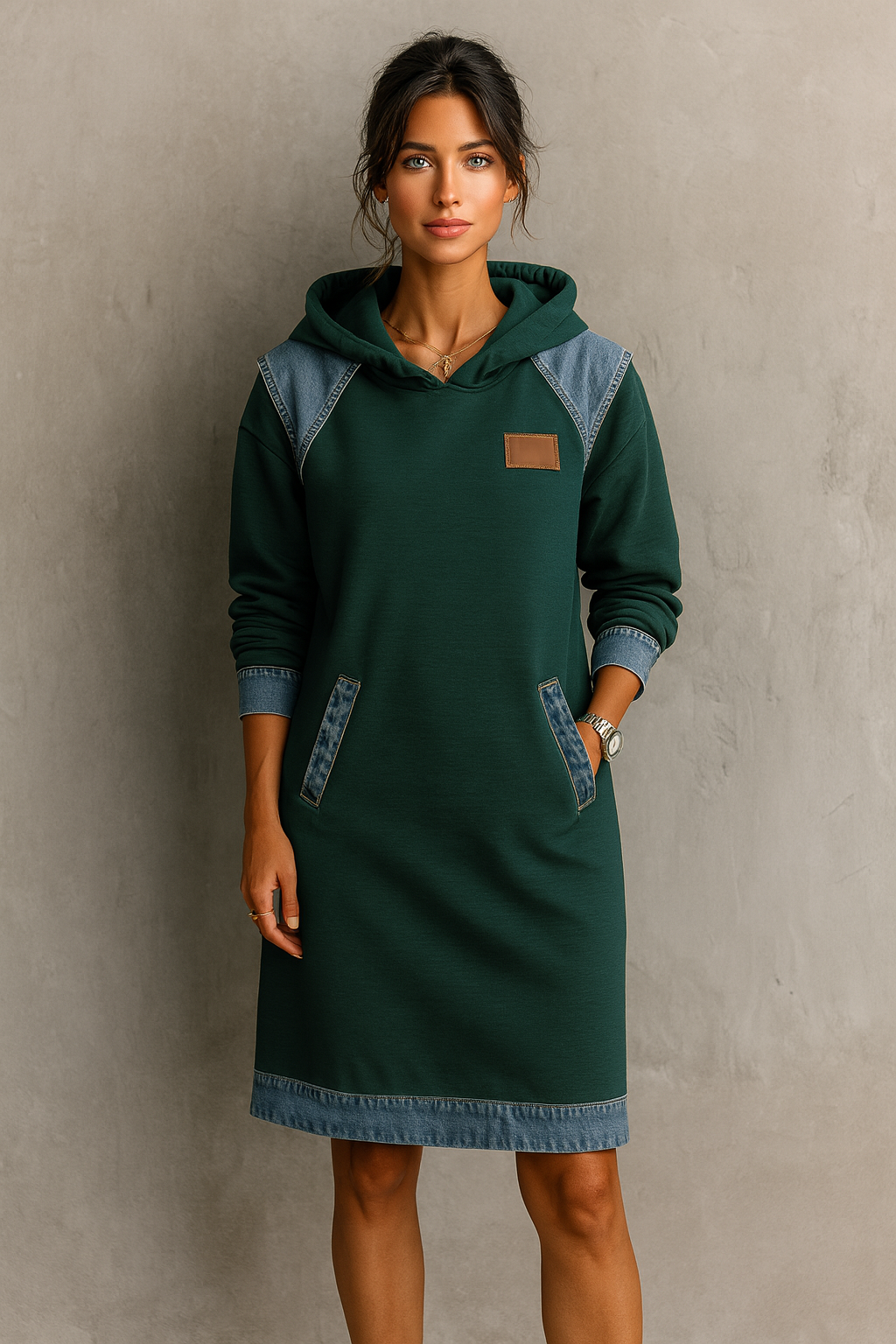 Viktoria - Casual Hooded Denim Insert Dress