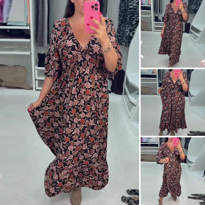 Meika - Printed V-neck Sleeve Maxi Dress
