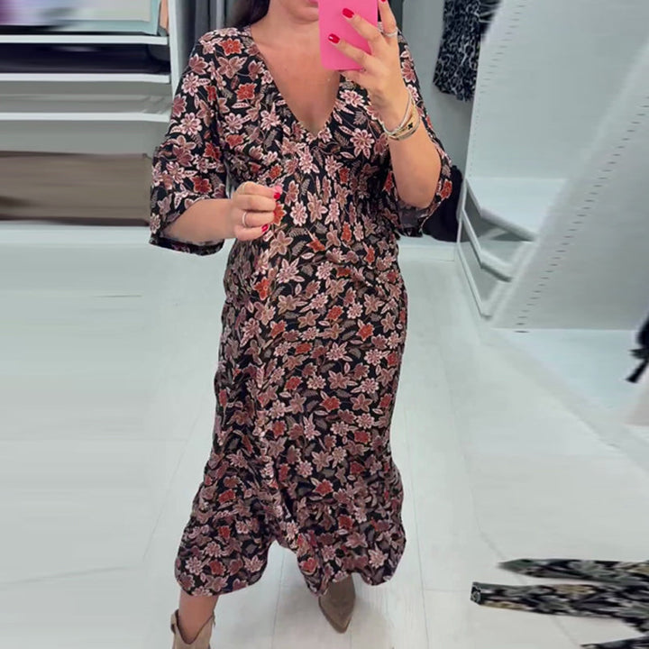 Meika - Printed V-neck Sleeve Maxi Dress